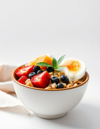 Oatmeal with fresh berries and egg in a bowl on white background