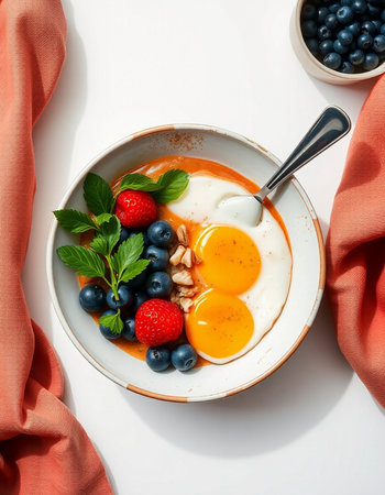 Breakfast bowl with omelette, fresh berries and mint on a white background