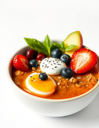 Bowl of oatmeal with fresh berries and soft-boiled egg