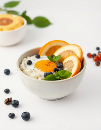 Cottage cheese with orange and blueberries on a white background.