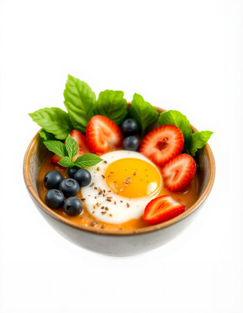 Fried egg with fresh berries in a bowl on a white background
