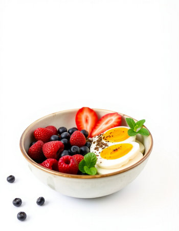 Healthy breakfast with strawberries and blueberries on white backgroundの写真素材