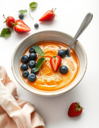Pumpkin cream soup with fresh berries on white background