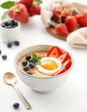 Bowl of porridge with egg, strawberries and blueberries on white background