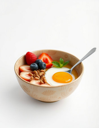Breakfast bowl with omelet, berries and nuts on white backgroundの写真素材