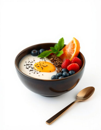 Healthy breakfast with yogurt, berries and egg on white background.