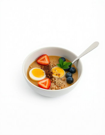 Bowl of oatmeal porridge with berries, isolated on white backgroundの写真素材