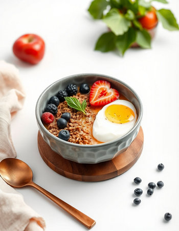 Healthy breakfast with oatmeal, berries and egg on white background