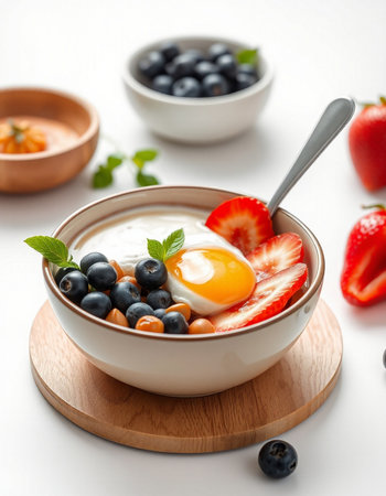 Healthy breakfast with yogurt, berries and egg in bowl on white background