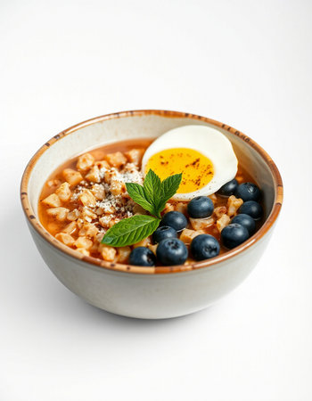 Tasty oatmeal porridge with blueberries and egg on white background