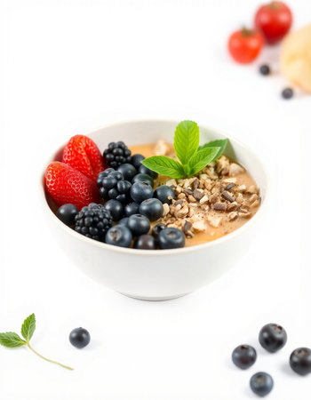 bowl of oatmeal with fresh berries and muesli on white background