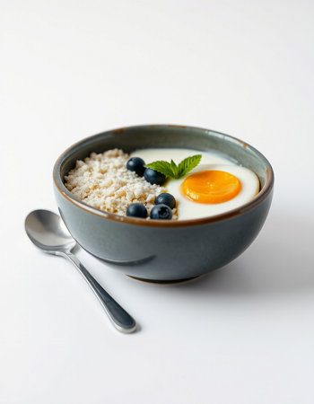 Oatmeal porridge with blueberries and egg in bowl on white background