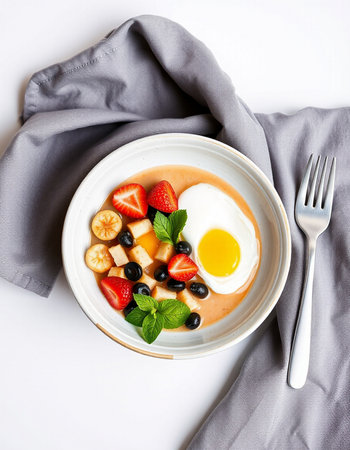 Healthy breakfast bowl with omelette and fresh berries on white backgroundの写真素材