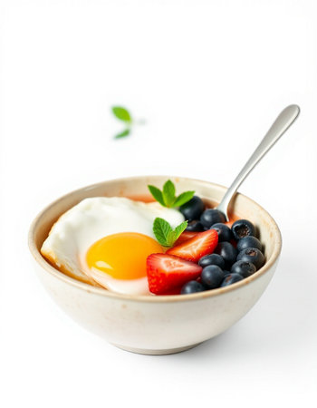 Fried egg with blueberries and strawberries in a bowl isolated on white backgroundの写真素材