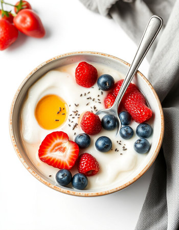 Healthy breakfast with yogurt, berries on white background, top viewの写真素材