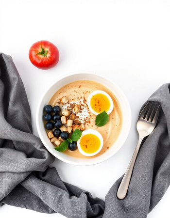 Healthy breakfast bowl with buckwheat porridge, egg, blueberries, quail eggs and walnuts on white...