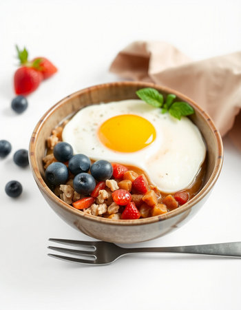 Bowl with oatmeal, berries and fried egg on white background
