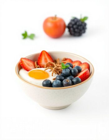 Yogurt with fresh berries in bowl on white background