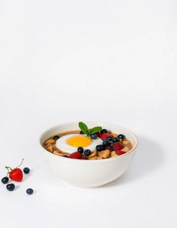 Healthy breakfast with oatmeal, berries and fried egg on white background