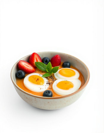 Healthy breakfast bowl with strawberries, blueberries and eggs on white background