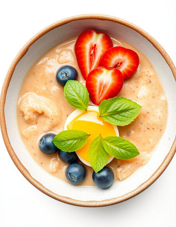 Bowl of oatmeal porridge with fresh berries and egg yolk