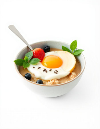 Oatmeal porridge with egg, berries and mint on white background