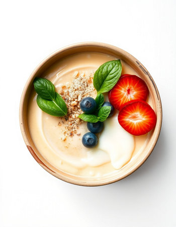 Bowl of yoghurt with berries and mint isolated on white backgroundの写真素材