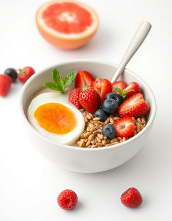 Healthy breakfast with muesli, berries and egg on white background