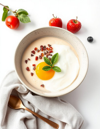 White porridge with quail eggs, strawberries and mint on white background