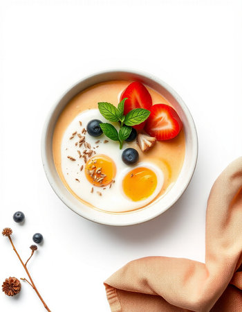 Breakfast with berries and yogurt on white background
