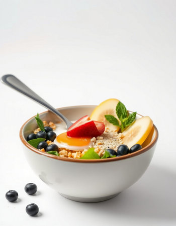 Healthy breakfast bowl with oatmeal, berries and fruits on white backgroundの写真素材