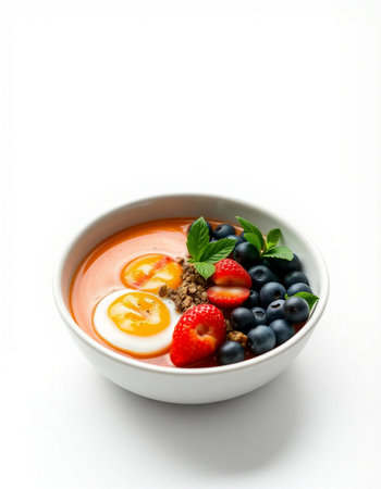 bowl of fresh berries and egg on white backgroundの写真素材