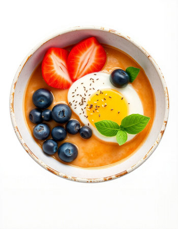 Smoothie bowl with strawberries and blueberries isolated on white background