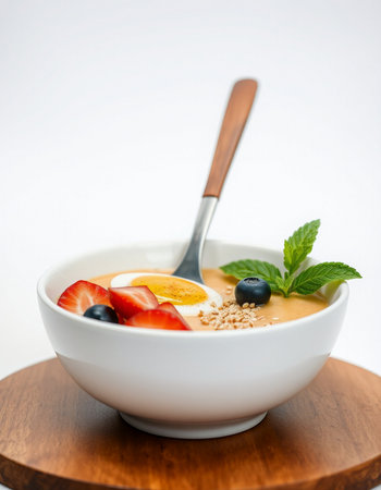 Healthy breakfast bowl with yogurt, berries and egg on white background