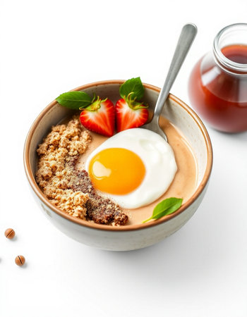 Breakfast bowl with oatmeal, strawberry and yogurt on white background