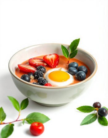 Yogurt with berries and egg in a bowl on a white background