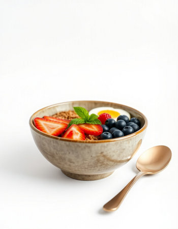 Bowl of cereal with strawberries and blueberries on white backgroundの写真素材