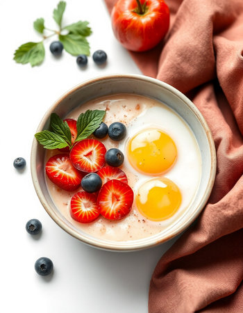 Breakfast with omelet, berries and fruits on white background