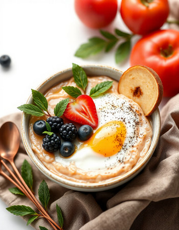 Healthy breakfast. Oatmeal porridge with fresh berries and eggの写真素材
