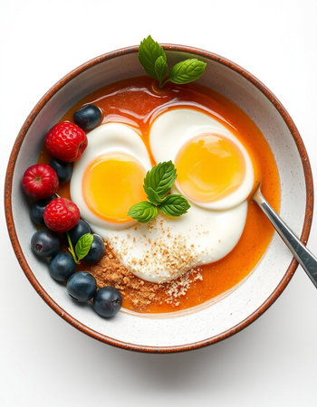 Soft-boiled eggs with raspberries and blueberries in a bowl