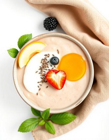 yogurt with fruits and berries on white background, top viewの写真素材