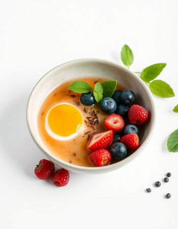 Yogurt with fresh berries and egg yolk on white background