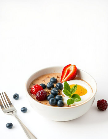 Healthy breakfast with oatmeal, berries and yoghurt on white background