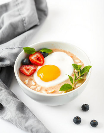 Bowl of oatmeal with berries and fried egg on white background