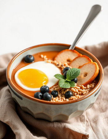 Healthy breakfast bowl with oatmeal, blueberries and fried egg