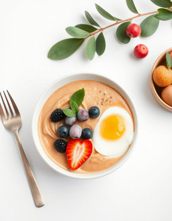 Bowl with berry smoothie on white background, top view