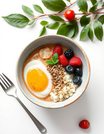 Healthy breakfast bowl with oatmeal, berries and egg on white background