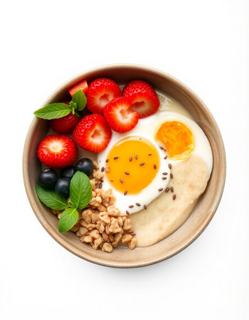 Breakfast with oatmeal, berries and fried egg isolated on white background