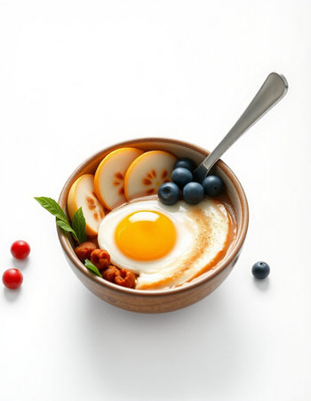 Fried egg in a bowl with blueberries and tomatoes on a white background