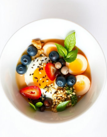 Muesli with fruits and berries in a bowl on a white background
